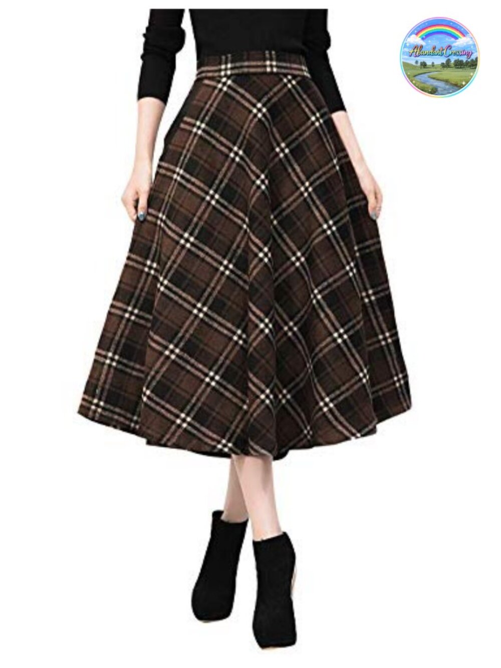 Plaid Wool A-Line Midi Skirt High Rise Elastic Waist Pleated